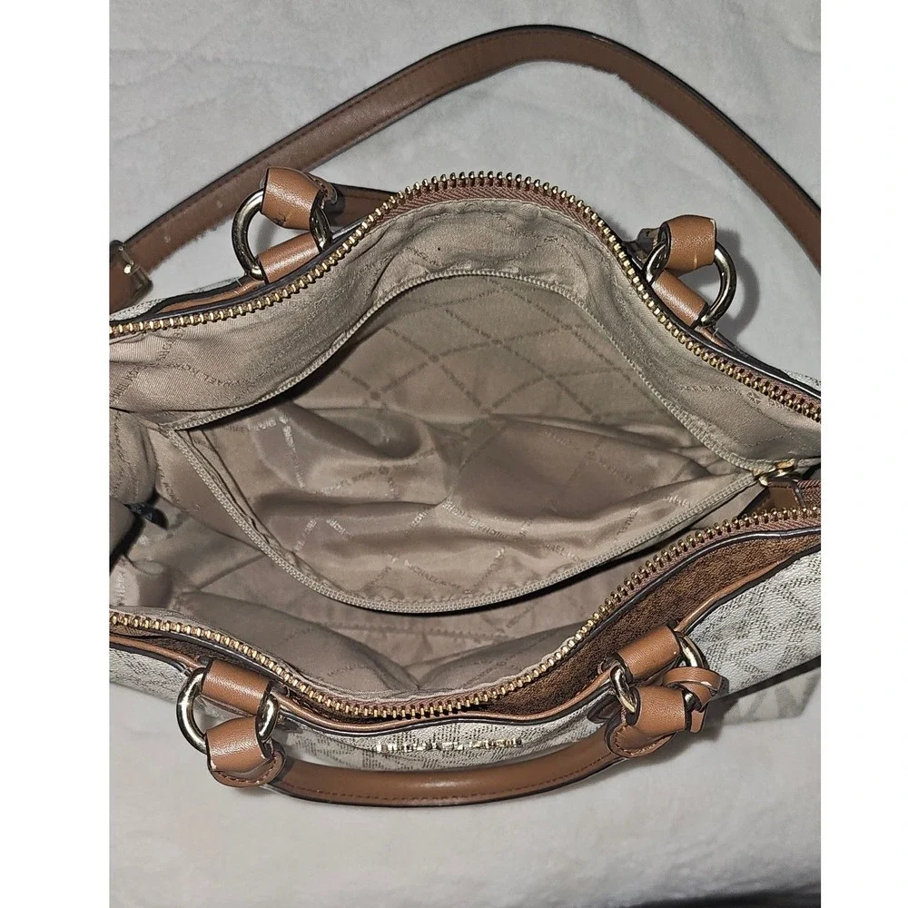 Michael Kors Signature Logo Satchel Crossbody Bag Vanilla Brown Gold Hardware